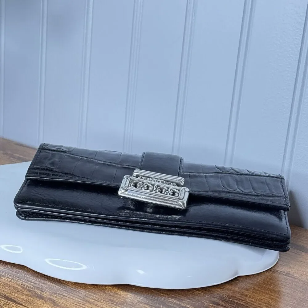 BRIGHTON Wallet Organizer Black Genuine Leather Croc Embossed Silver Accent